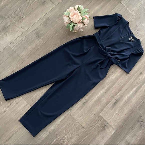 DKNY Navy Blue Belted Short Sleeve Ankle Jumpsuit - Picture 3 of 6